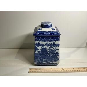 Blue & White Porcelain Lidded Ginger Jar / Tea Canister – Asian Landscape 9"